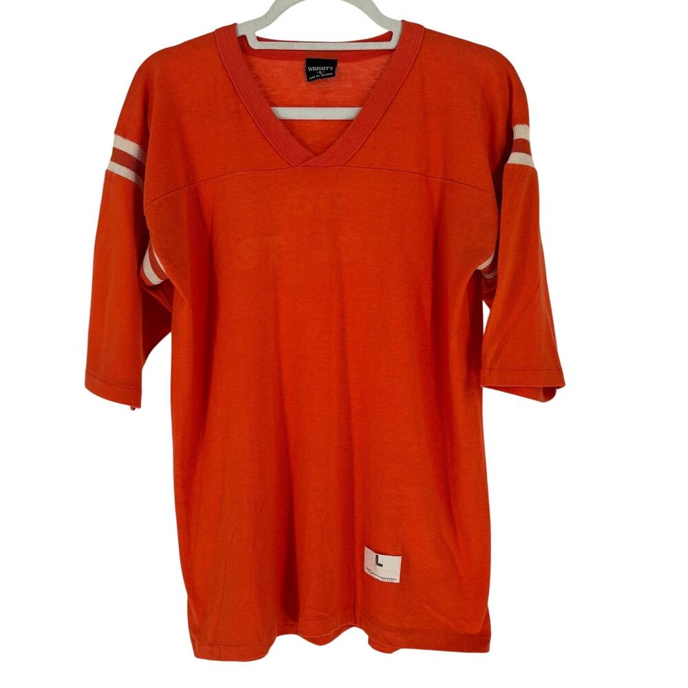 Vintage 70s Wright's Shirt Mens Large Orange V Neck Striped Sleeve Made USA